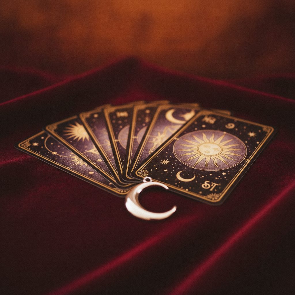 A deck of tarot-style cards and a crescent moon charm arranged on deep burgundy velvet
